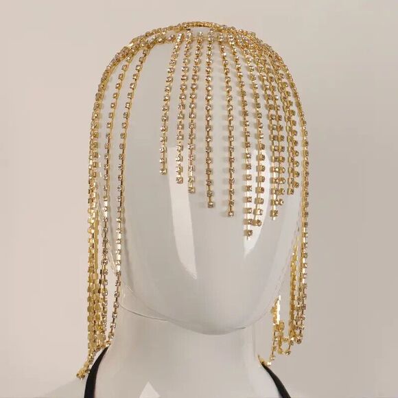 Tassel Rhinestone Cap Headpiece Flapper Golden & Crystal Head Chain Jewelry - Picture 1 of 8